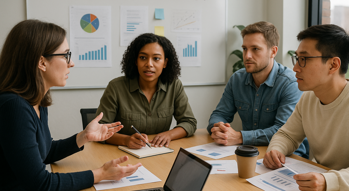 A diverse marketing team having a content strategy meeting in a modern office, discussing analytics charts and graphs on a whiteboard, with laptops and documents on the table.