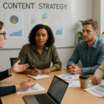 A diverse marketing team having a content strategy meeting in a modern office, discussing analytics charts and graphs on a whiteboard, with laptops and documents on the table.