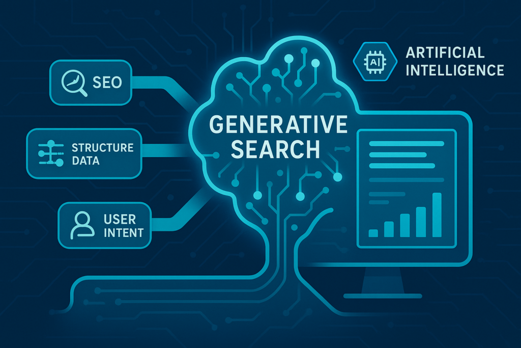 Generative Engine Optimization infographic illustrating AI-powered search with SEO, structured data, and user intent pathways enhancing generative search results.