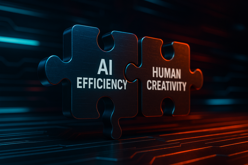Two interconnected puzzle pieces labeled 'AI Efficiency' and 'Human Creativity', symbolizing the hybrid approach in SaaS marketing.