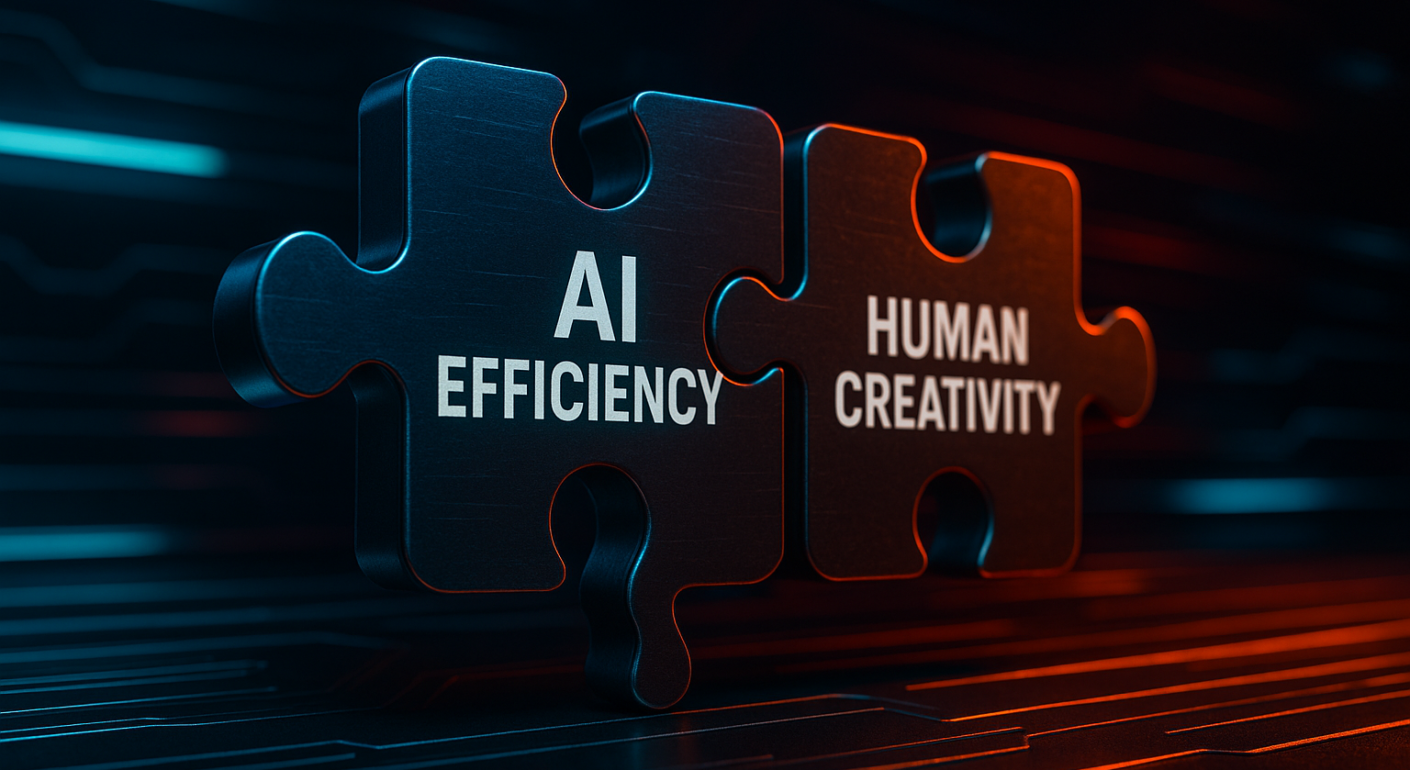 Two interconnected puzzle pieces labeled 'AI Efficiency' and 'Human Creativity', symbolizing the hybrid approach in SaaS marketing.