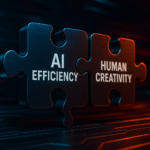 Two interconnected puzzle pieces labeled 'AI Efficiency' and 'Human Creativity', symbolizing the hybrid approach in SaaS marketing.